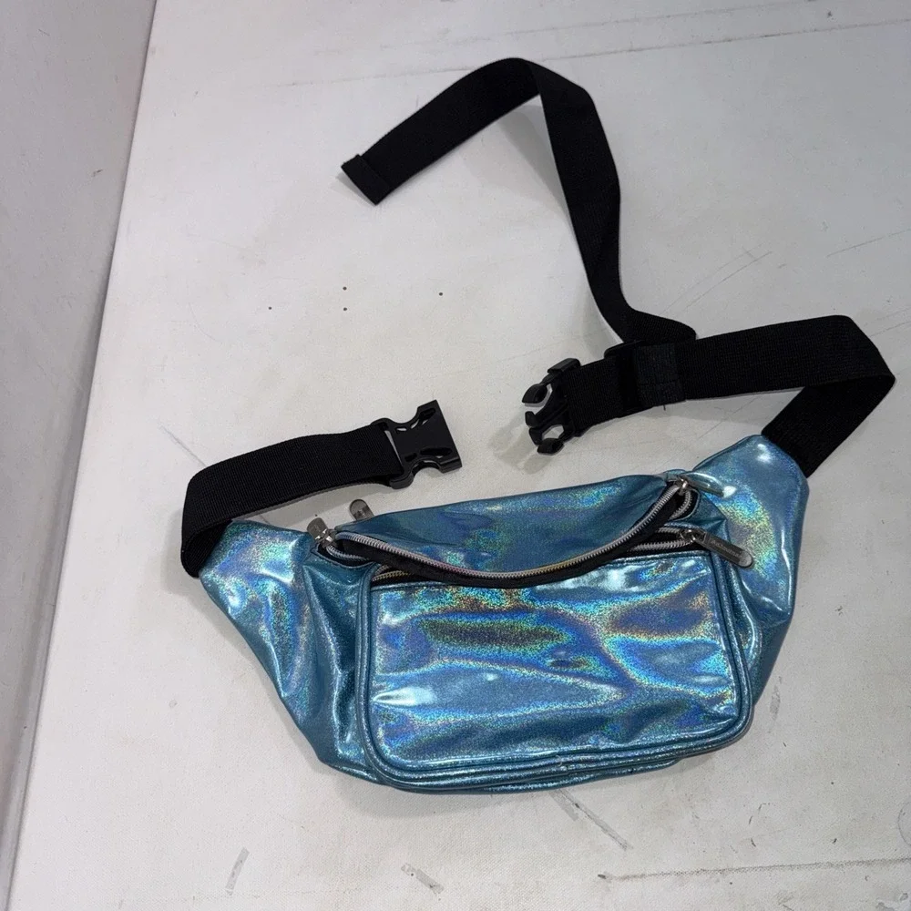 SoJourner Holographic Fanny Pack Belt Bag Blue Purse 90's Metallic Zip Pockets